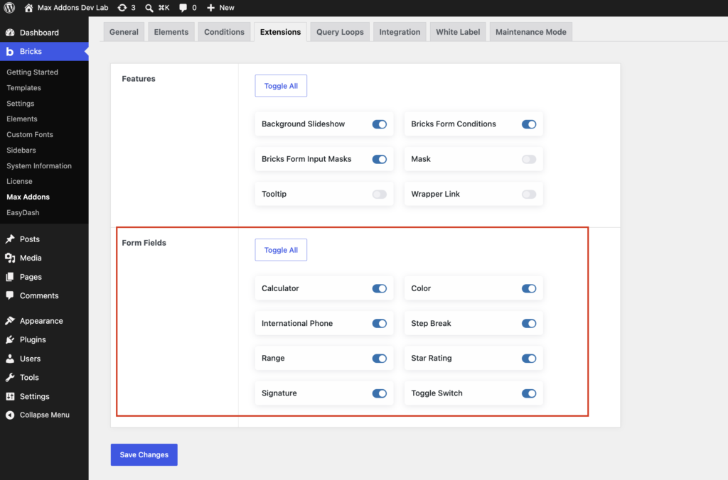 enable max addons form fields