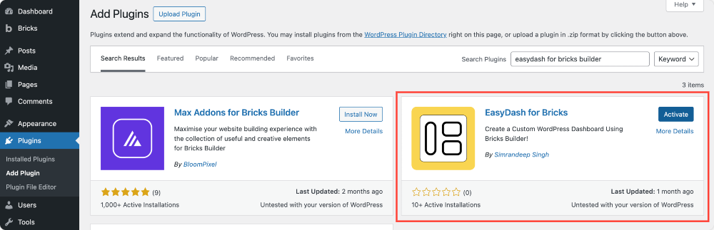 install and activate easydash for bricks builder