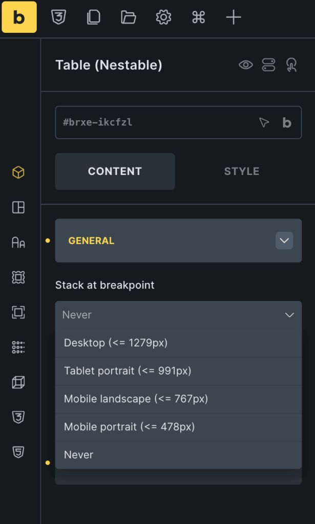nestable table general settings