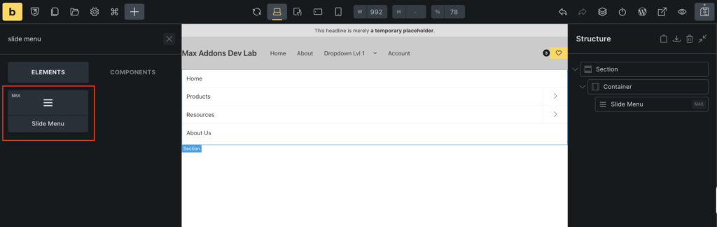 add the slide menu widget