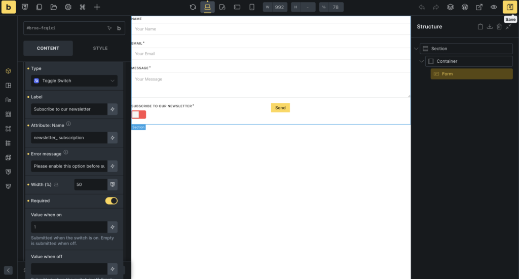 form with toggle field