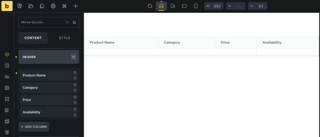 add table headers