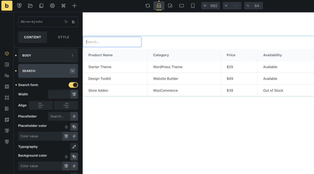 searchable table