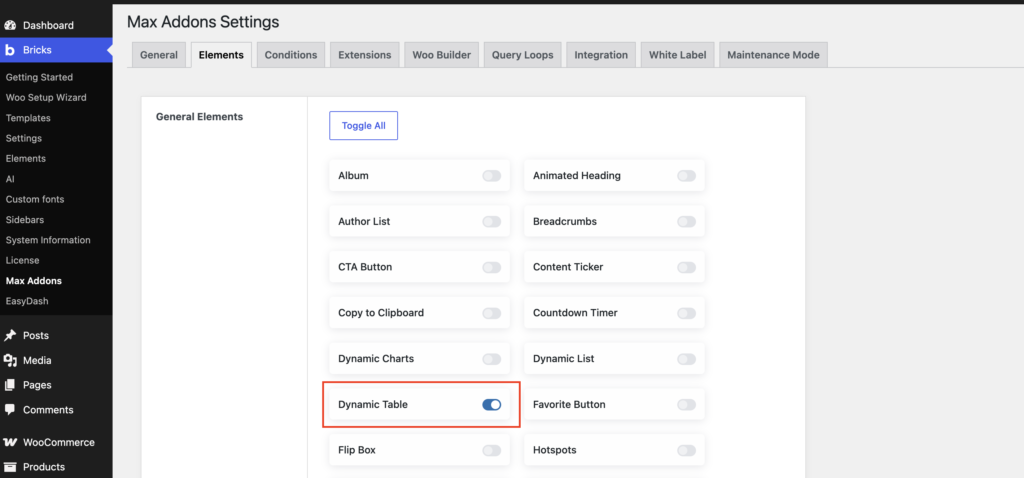 enable dynamic table element