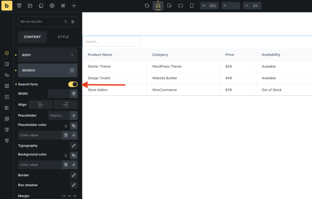 enable the search form