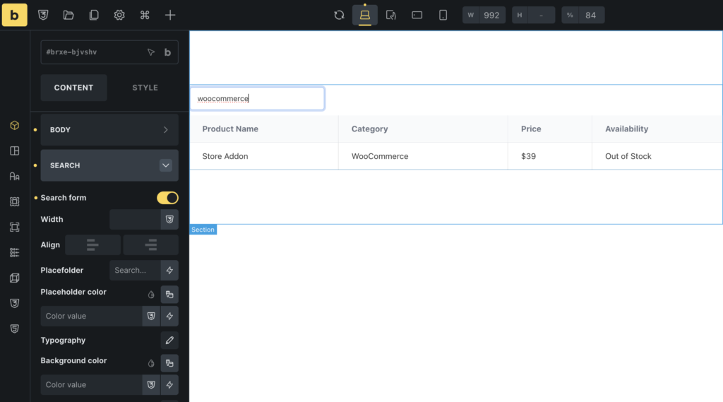 search table element